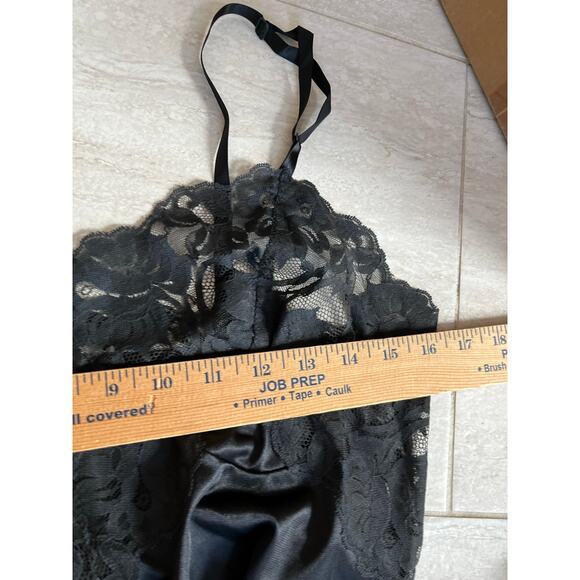 Vintage Satin Full Slip Knee Dress Small 36 Sheer Lace Black Lingerie Goth Sexy - Picture 10 of 16